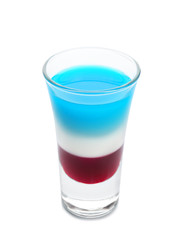 Layered cocktail in colors of American flag on white background