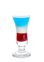Layered cocktail in colors of American flag on white background