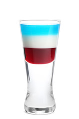 Layered cocktail in colors of American flag on white background