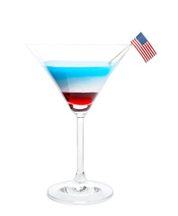Layered cocktail in colors of American flag on white background