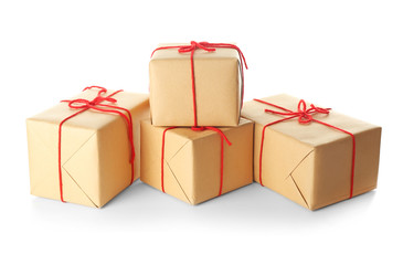 Parcel gift boxes on white background