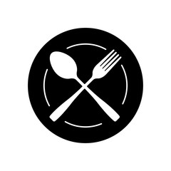 fork and spoon crossed on a plate vector icon