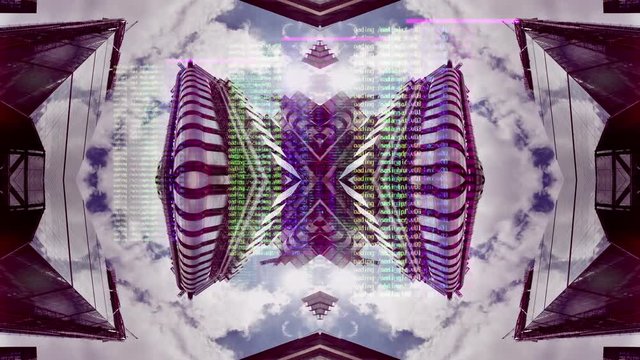 kaleidoscope pattern of london city timelapse with data and computer programming information mapped over the skyline