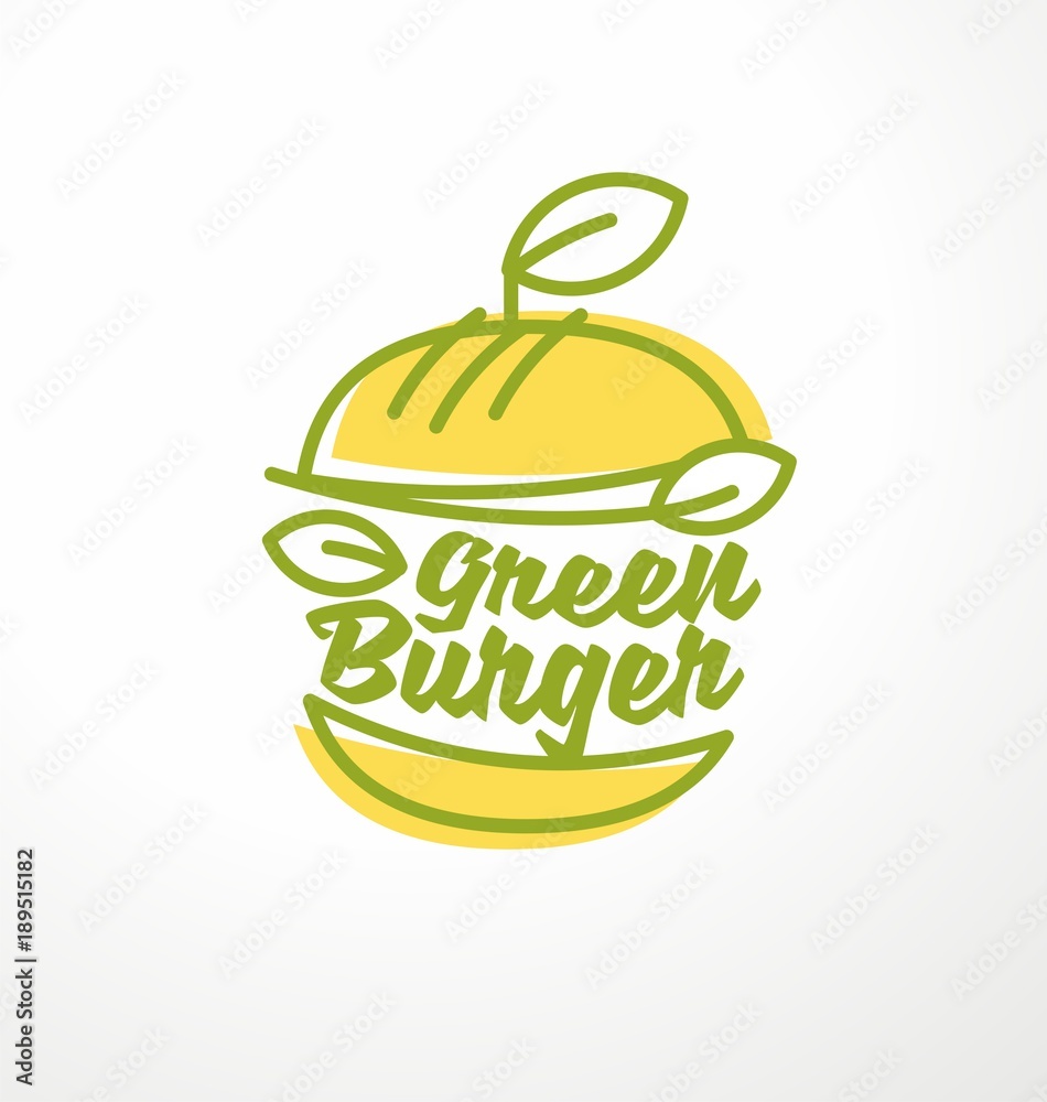 Wall mural healthy burger made from organic green ingredients. vegan burger logo design idea. apple shape burge