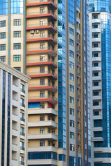 Fragments of modern high-rise apartment houses close-up. Modern Baku, Azerbaijan