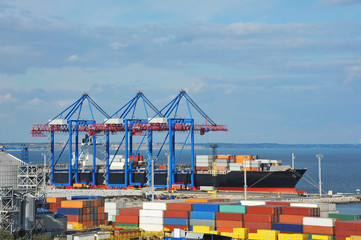 Port cargo crane, ship and container