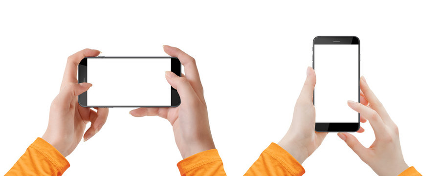 Isolated female hands holding phone in vertical and horizontal position.