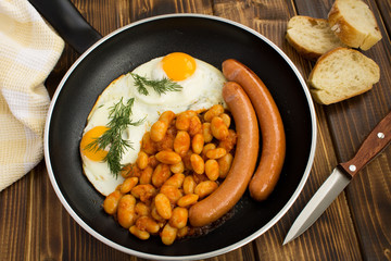 Breakfast  with eggs,beans  and sausages  on  the black  frying pan