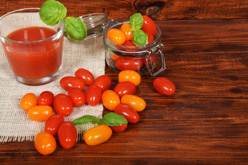 healthy tomato juice with basil made of sweet tomato tomatoes with free space for text