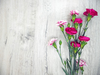 Flowers of carnations on a wooden light background white - obrazy, fototapety, plakaty