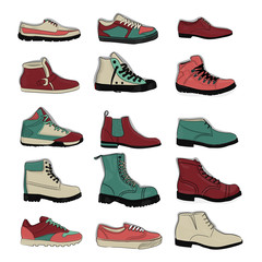 Set of sports and classic shoes in turquoise, pink, white and red colors eps 10 illustration