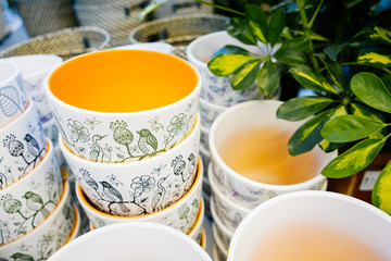 designer dishes decorated with decor on the background of plants