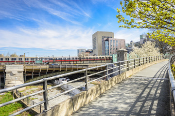 Boston in early spring, located near Longfellow Bridge, Boston, Massachusetts, USA.