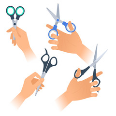Human hands with various steel scissors with plastic handles. Flat illustration of school, office, hairdressing supplies and accessories. Vector infographic elements isolated on white background.