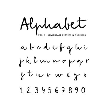 Hand drawn vector alphabet, font, isolated lower case letters and numbers written with marker or ink. Calligraphy, lettering.