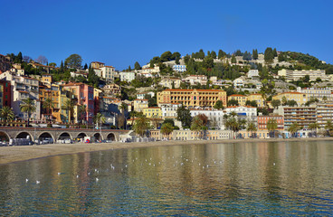 Landscape view of the French Riviera city of Menton in the Alpes Maritimes seen from the Mediterranean Sea