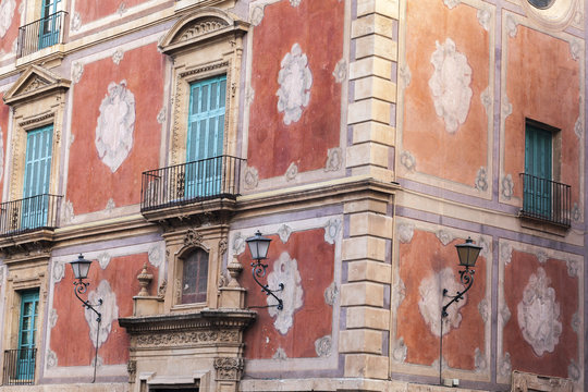Historic building,palace,palacio episcopal,baroque-rococo style,main facade square Belluga,Murcia,Spain.