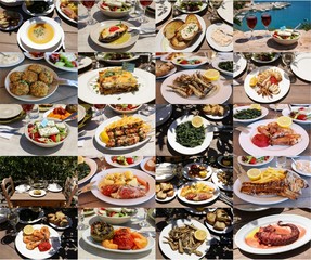 Collage of different seafood meat salads dishes of delicious greek cuisine, tasty greek summer holidays concept.