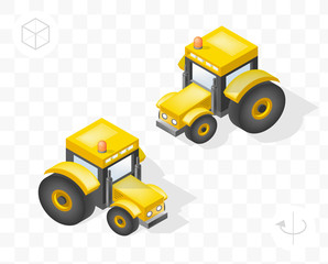 Set of Isolated Isometric Minimal City Elements . Tractor with Shadows on Transparent Background