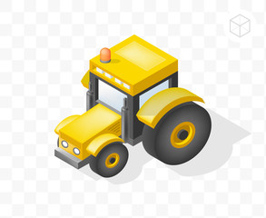 Set of Isolated Isometric Minimal City Elements . Tractor with Shadows on Transparent Background