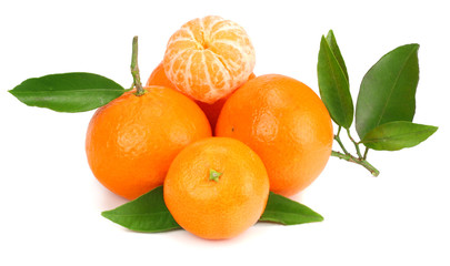 mandarin with green leaf isolated on white background