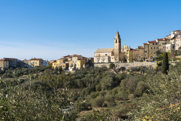 Fototapeta na wymiar Panorama of the small town of Cipressa (Liguria, Italy), surrounded by olive trees cultivation. Typical Italian country village overlooking the Mediterranean sea, Ligurian Riviera.