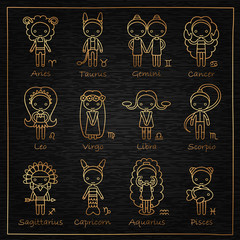 Naklejka premium vector set of the twelve hand drawing Zodiac Signs Aries, Taurus, Gemini, Cancer, Leo, Virgo, Libra, Scorpio, Sagittarius, Capricorn, Aquarius, Pisces and black wooden background