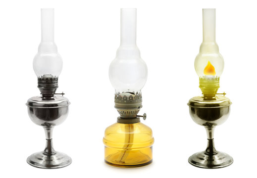 Set old vintage kerosene lamps isolated on white