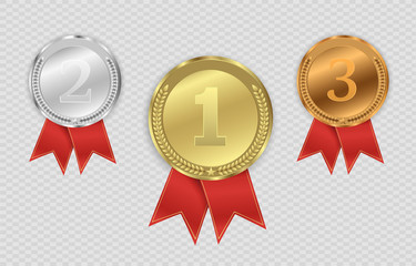 Set of gold, bronze and silver.  Award medals isolated on transparent background. Vector illustration of winner concept.