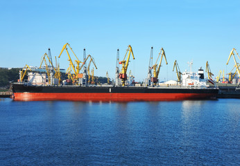 Fototapeta premium Bulk cargo ship under port crane
