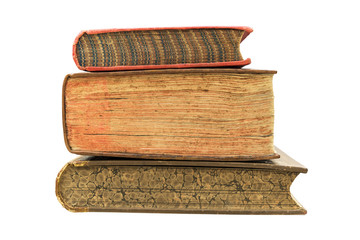Stack old books on a white background.