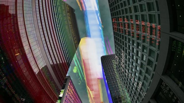 tokyo city timelapse with data and computer programming information mapped onto each building face