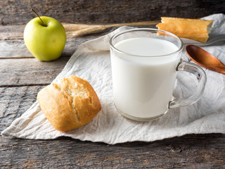 Village Breakfast Milk Bread Apples on Towel Wooden table