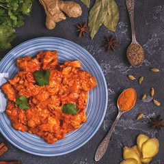 Traditional Indian curry with chicken.