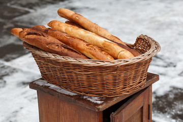 French baguettes in a wicker basket