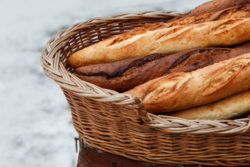 French baguettes in a wicker basket