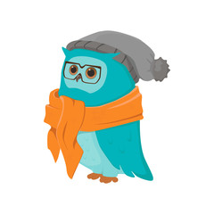 cartoon owl with glasses, scarf and hat with pompom
