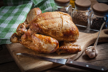 Whole roasted chicken.