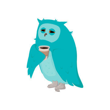 cartoon tousled sleepy owl in socks and with a cup of coffee