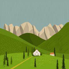 Alps.Houses in the mountains  Vector illustration.