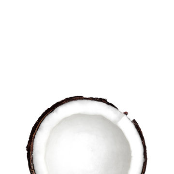 Coconut Flat lay Half of coconut is lying on white background Top view Minimalistic photo mockup with space for text