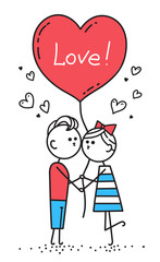 Happy Valentines Card. Guy is kissing girl. Couple in love holding red heart shaped balloon with lettering Love