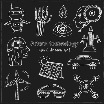 Future technology. Hand drawn doodle set. Sketches. Vector illustration for design and packages product.