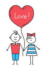 Guy and girl holding hands. Couple in love holding red heart with lettering Love. Happy Valentines Card