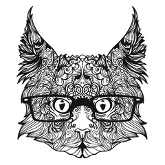 Vector black and white version of cat face in lines. Illustration isolated on white background.