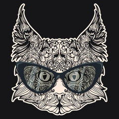 Vector face of hipster cat in line art style, with beautiful black glasses. Isolated on white background.