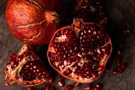 Ripe pomegranate fruit and pomegranate seeds