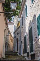 Narrow alle on the historical Old Town of Herceg Novi, Montenegro