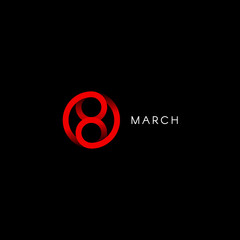 Eight march, happy international womens day, abstract minimal vector logo template on black background. - obrazy, fototapety, plakaty