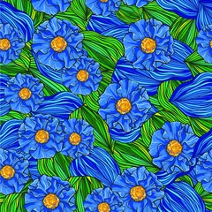 Gordijnen Vector pattern of blue flower and green. Repeat pattern. © KoDIArt